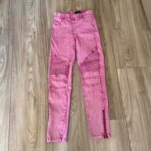 Pink acid wash moto skinnies
